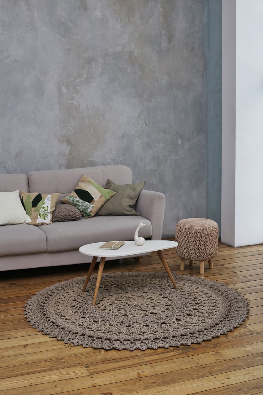 A coffee table and sofa in a coordinated living room