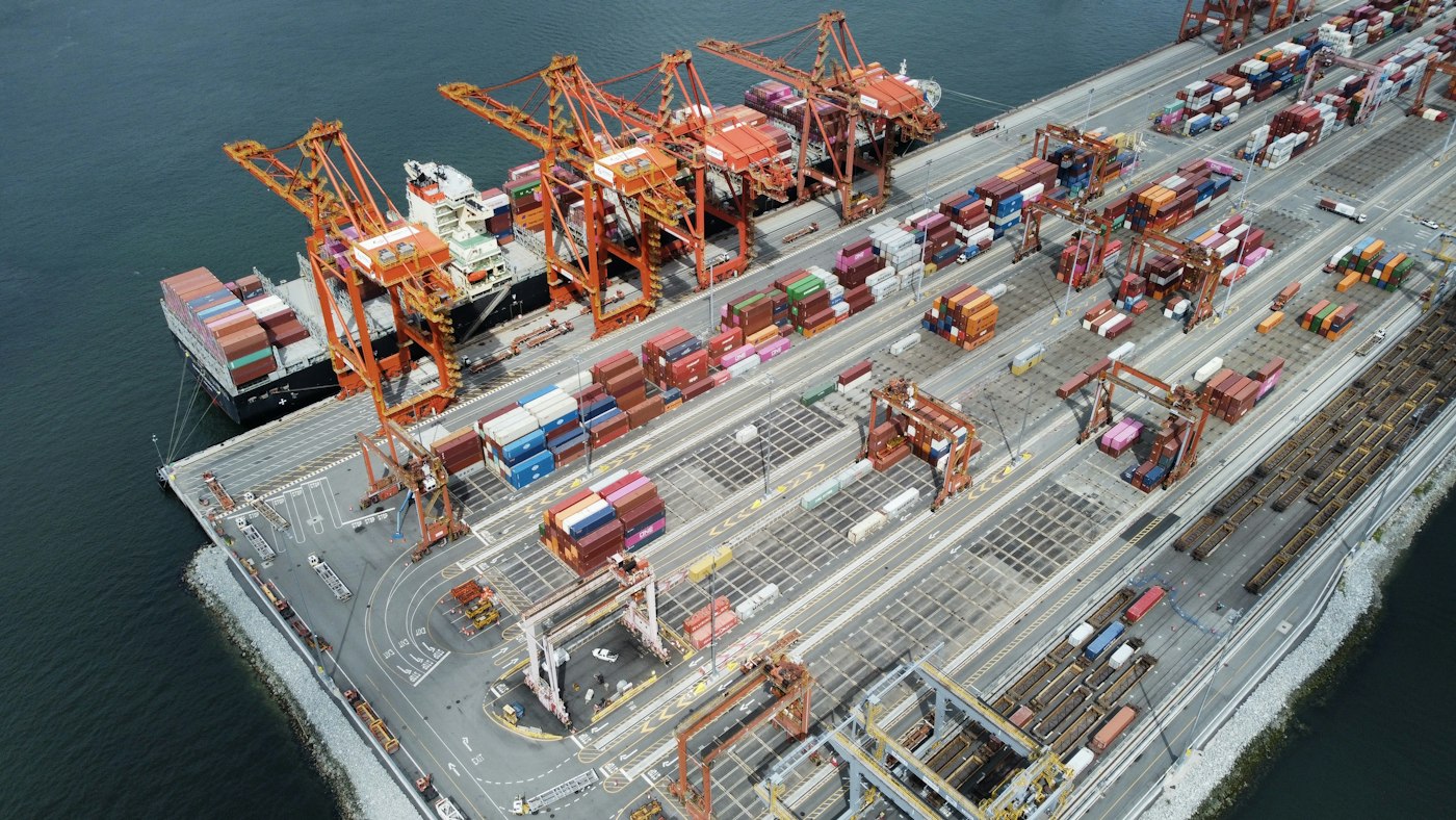 Real container ship and cranes at the Port of Vancouver.