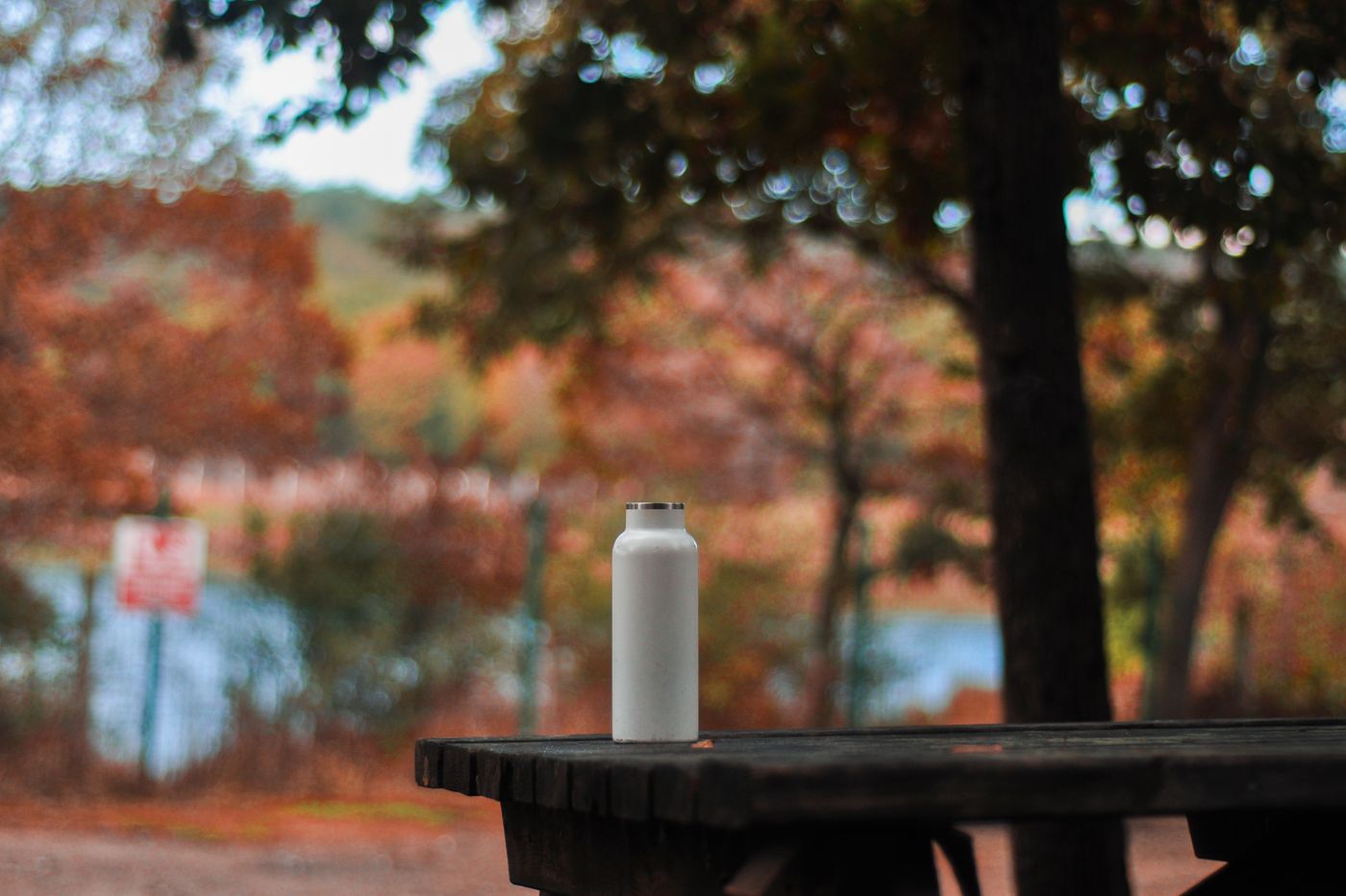 Reusable stainless steel water bottle on a picnic table.