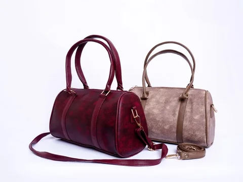 A pair of handbags against a white background