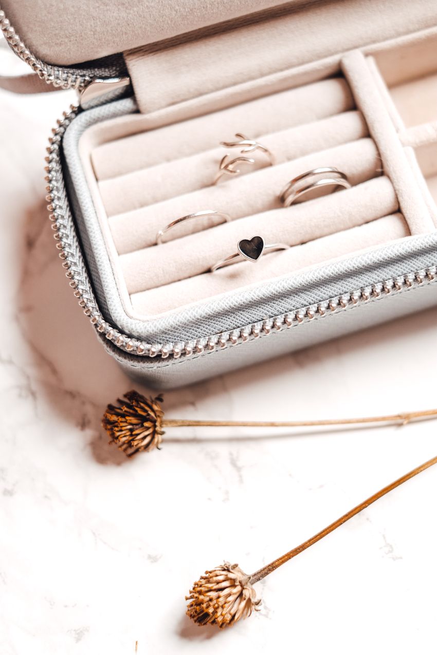 A zippered jewelry case with padded ring compartments